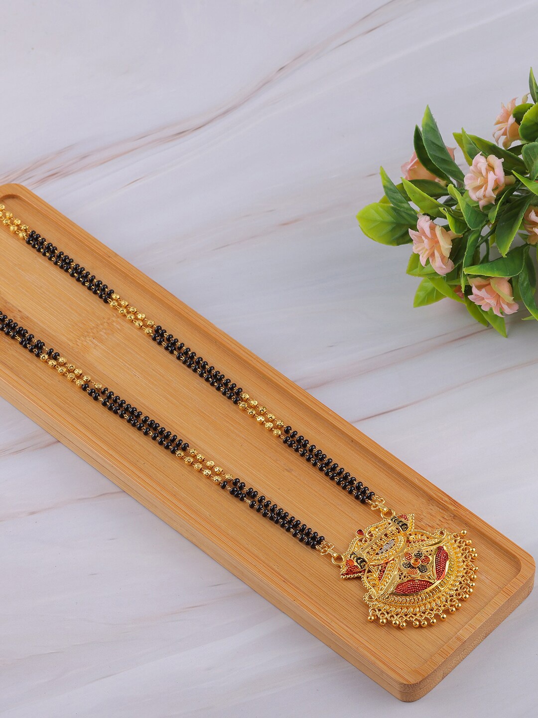 

Brandsoon Gold-Plated & Black Beaded Traditional Mangalsutra