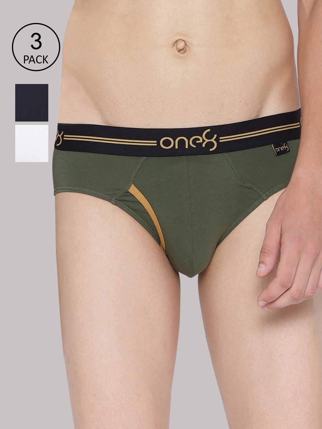 

one8 by Virat Kohli Men Pack of 3 White & Olive Green Solid Premium Cotton Stretch Briefs