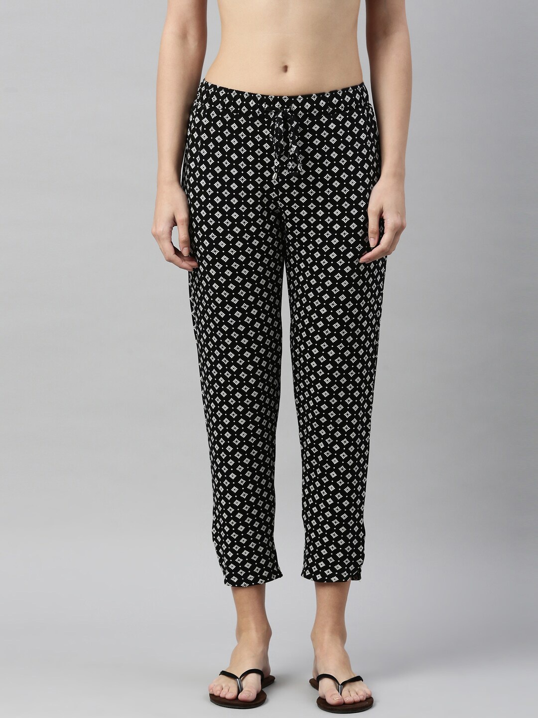 

Enamor Essentials Womens Black Ajark Printed Mid Rise Relaxed fit Lounge Pants