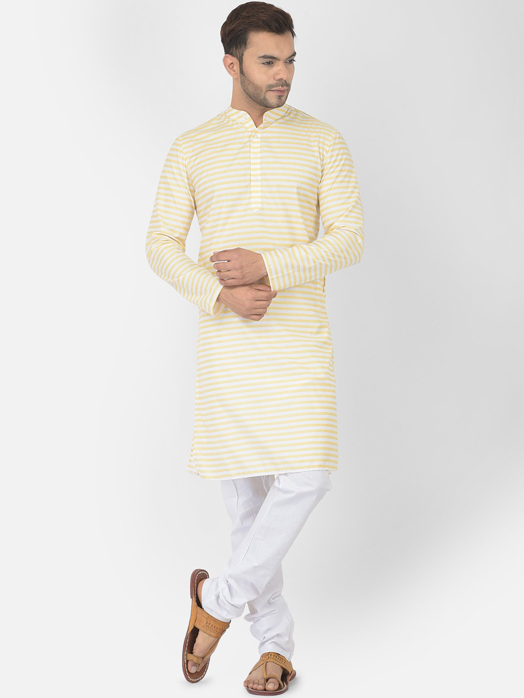

DEYANN Men Yellow Striped Pure Cotton Kurta with Churidar