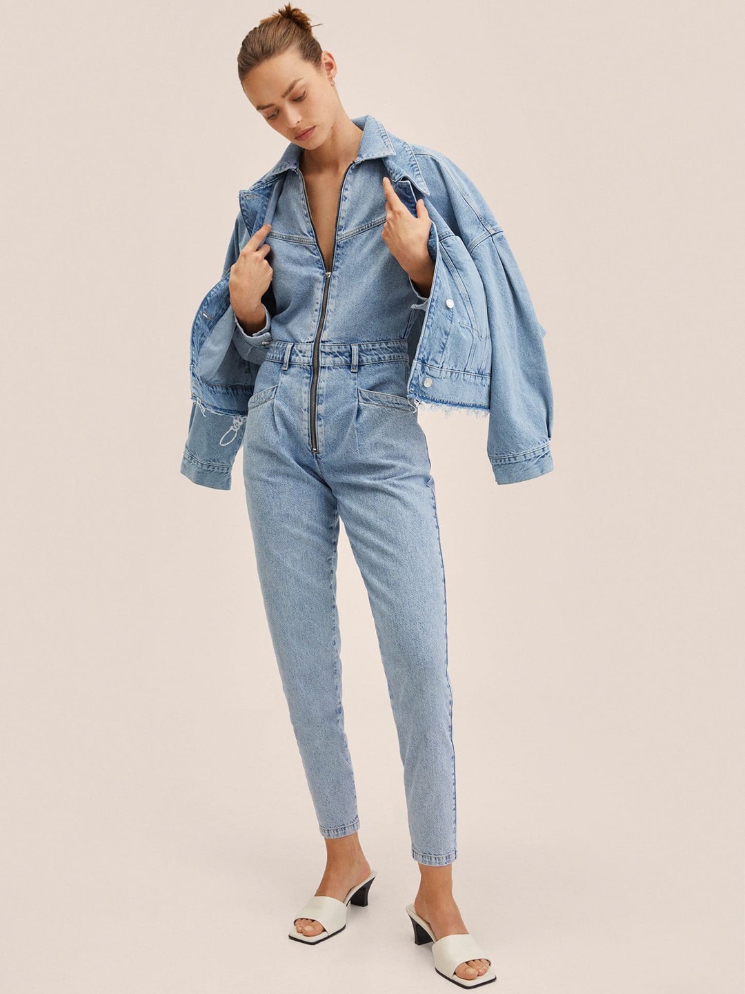 

MANGO Blue Pure Cotton Solid Denim Basic Jumpsuit