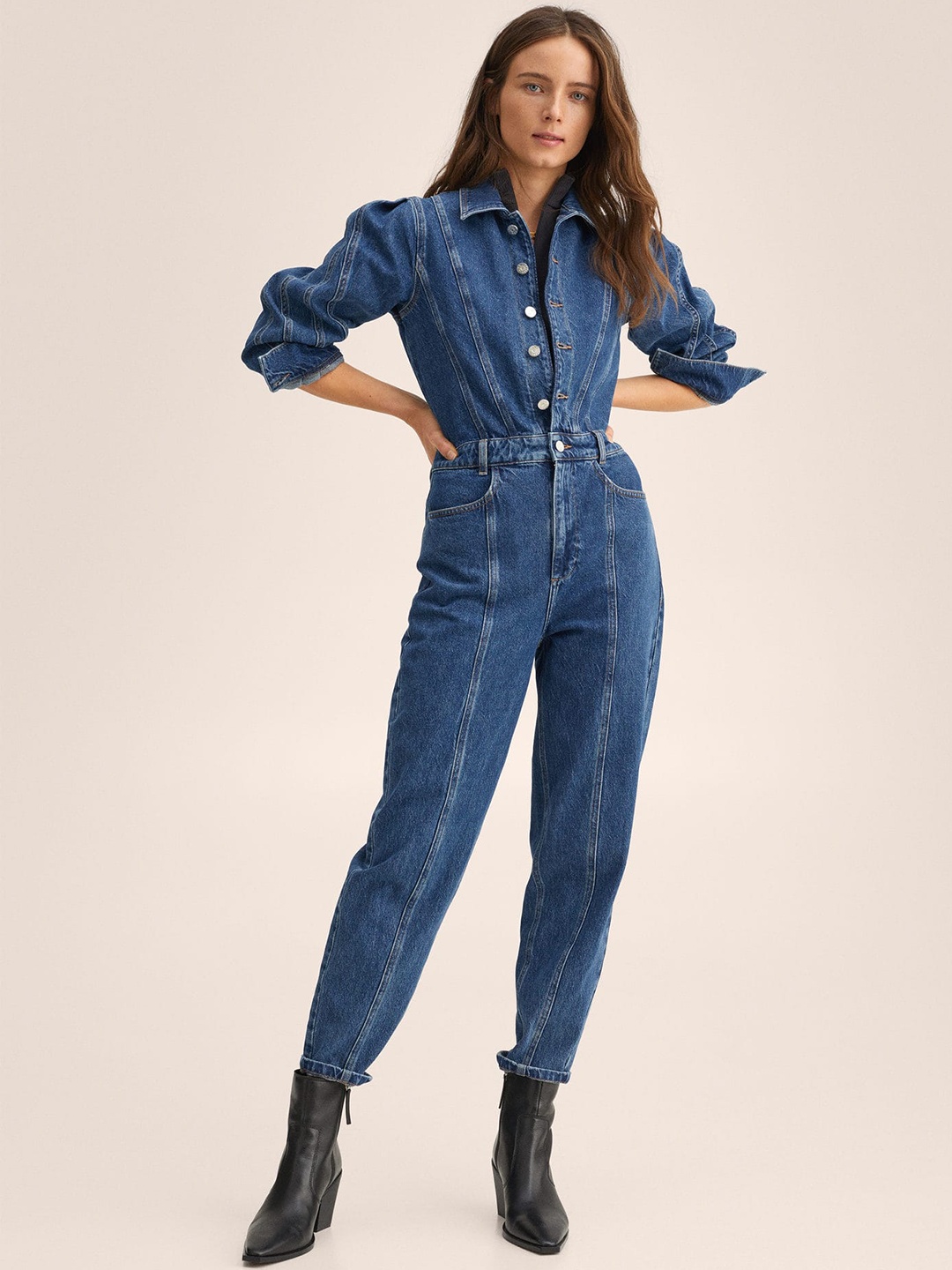 

MANGO Blue Pure Cotton Solid Denim Basic Jumpsuit