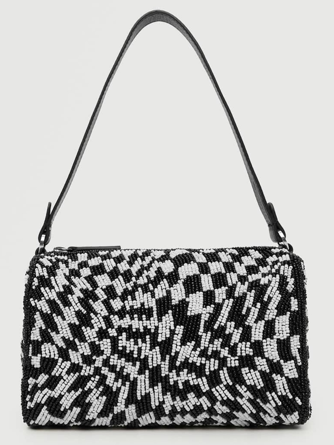 

MANGO Black Checked Embellished Structured Baguette Shoulder Bag