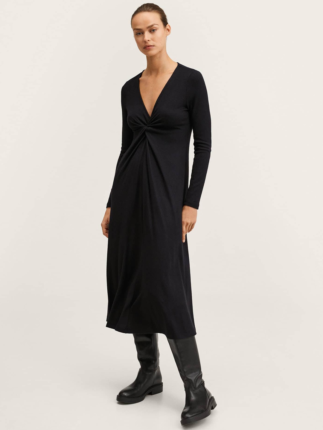 

MANGO Black Solid A-Line Midi Dress