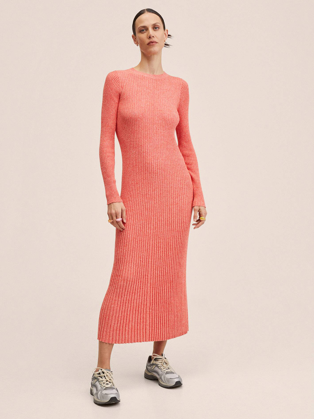 

MANGO Coral Self Striped A-Line Midi Dress