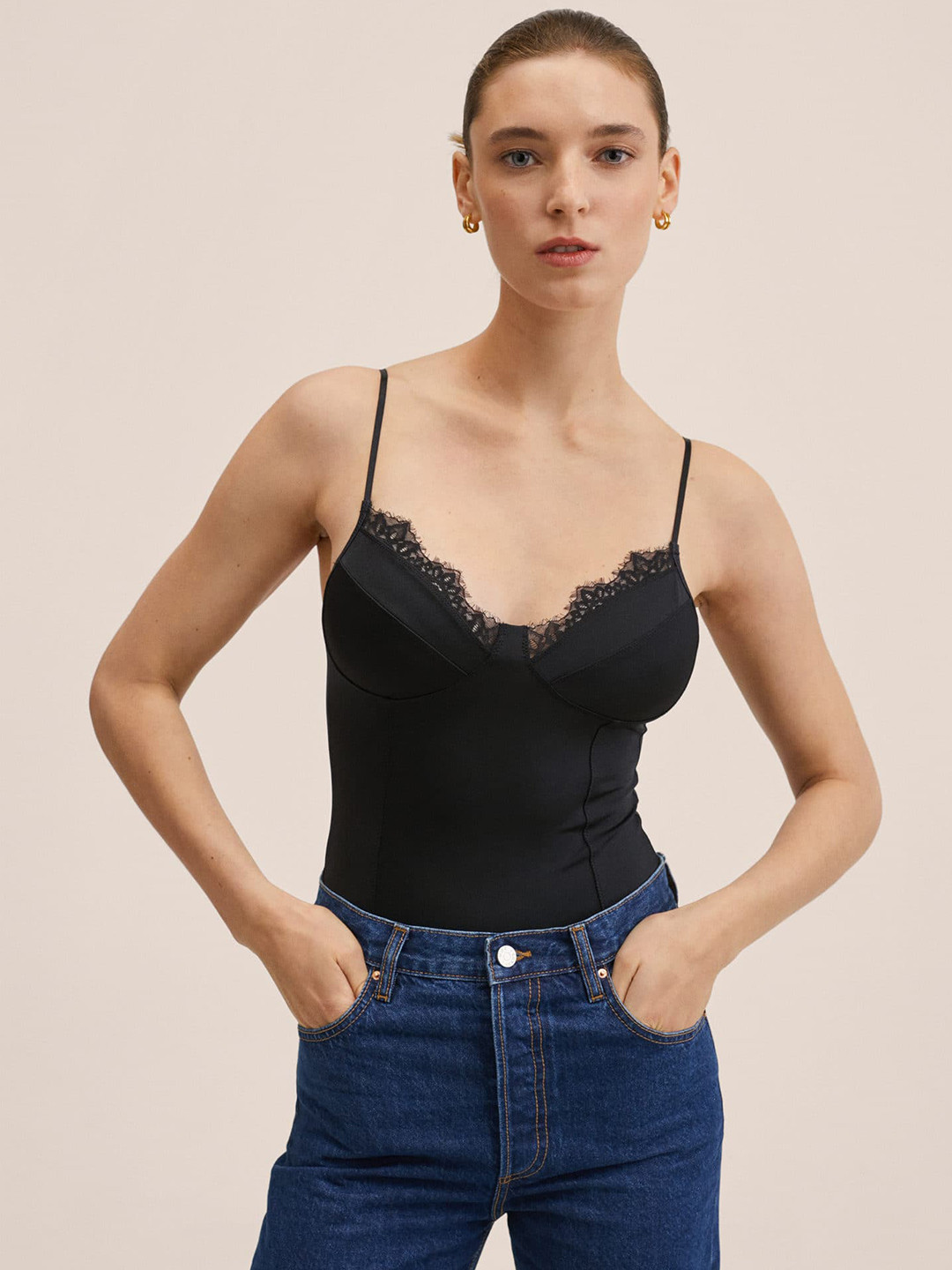 

MANGO Women Black Solid Lace Detail Adjustable Shoulder Straps Bodysuit