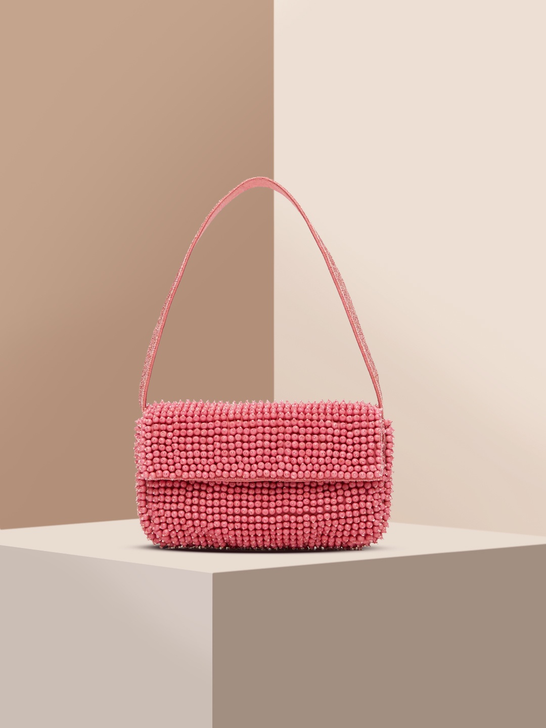 

MANGO Pink Beads Embellished Structured Baguette Bag