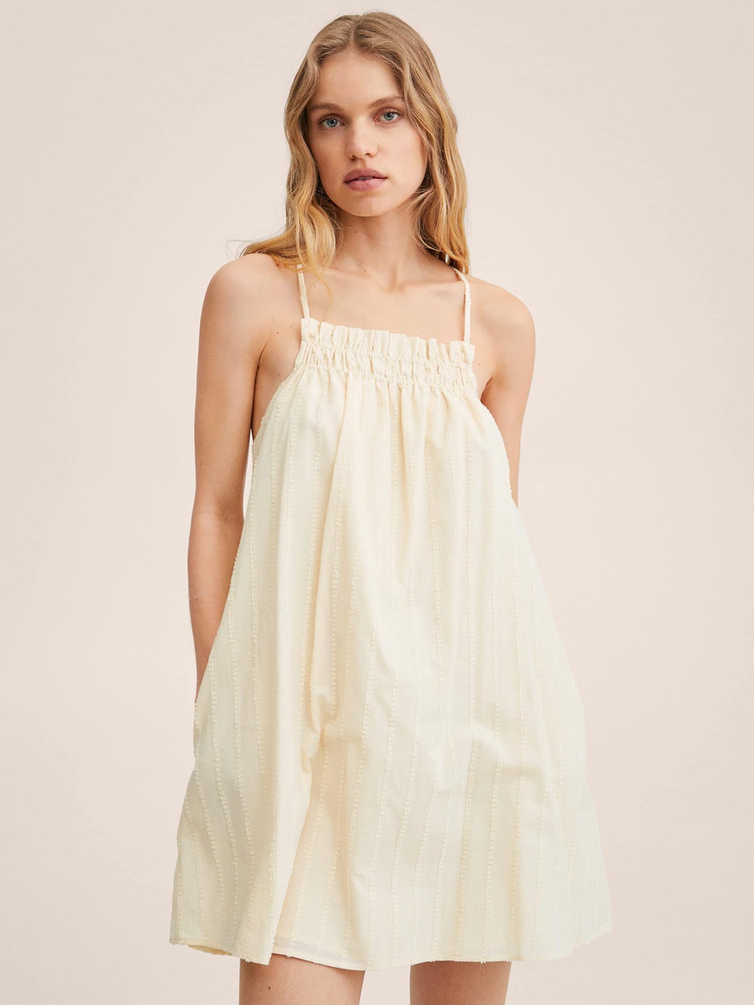 

MANGO Cream-Coloured Solid Cotton A-Line Dress