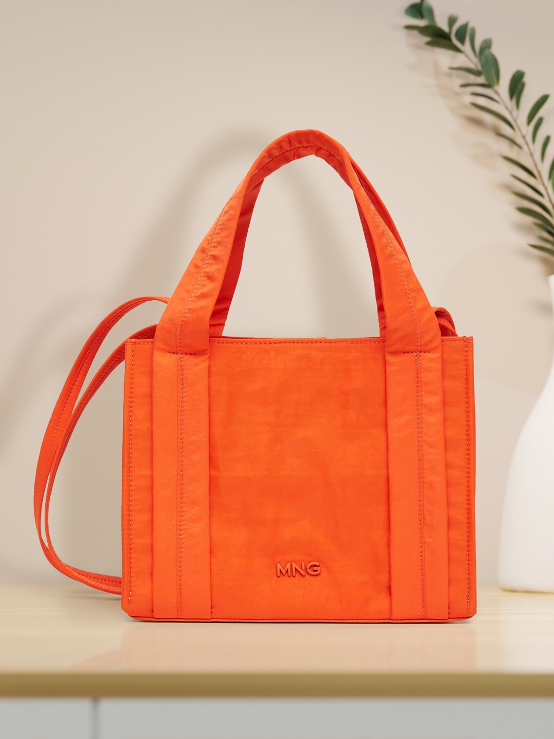 

MANGO Orange Solid Structured Handheld Bag with Non-Detachable Shoulder Strap