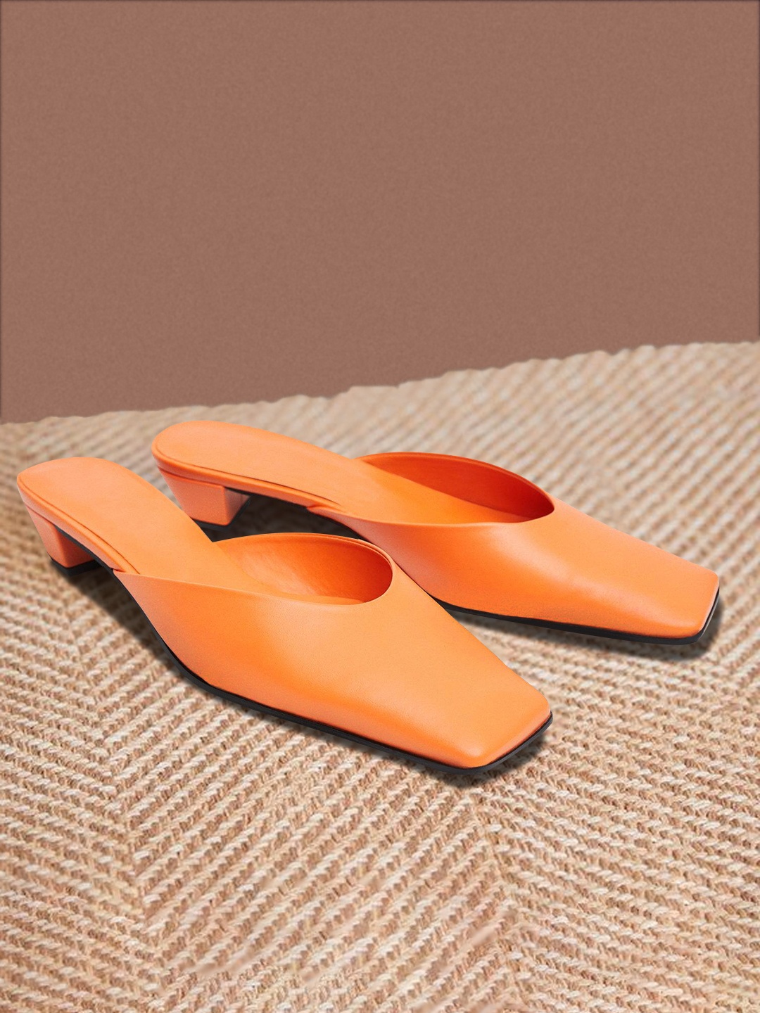 

MANGO Women Orange Leather Block Mules