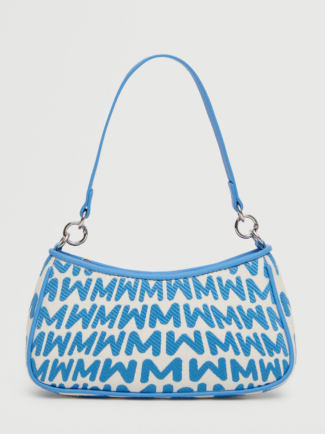 

MANGO Off White & Blue Brand Logo Embroidered Structured Baguette Shoulder Bag