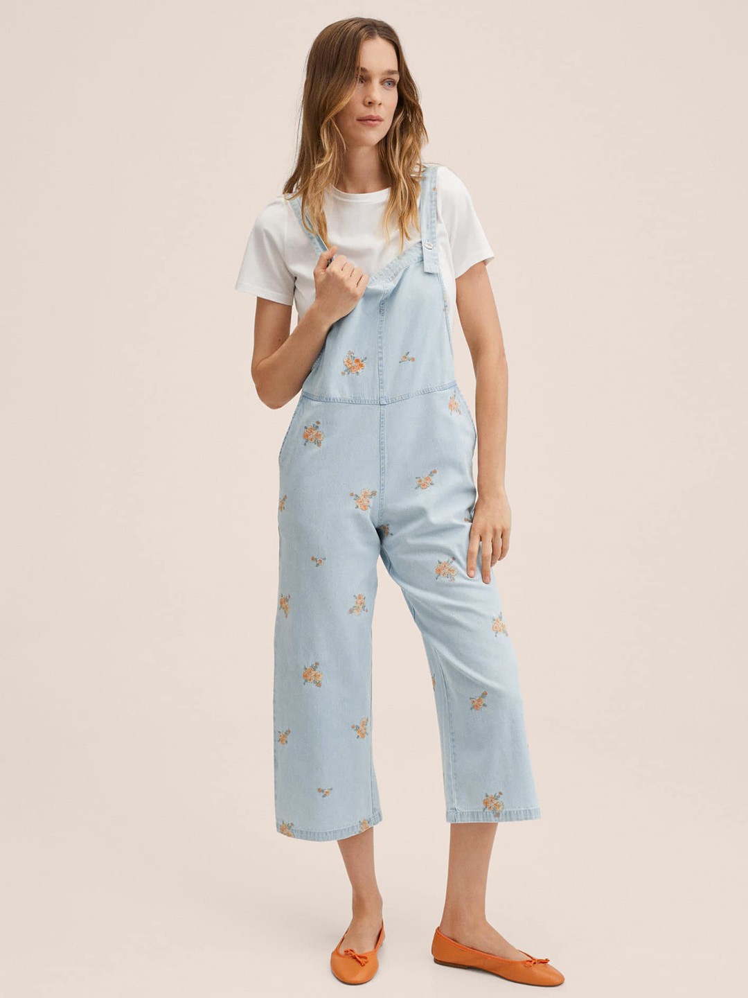 

MANGO Women Blue Embroidered Denim Dungarees