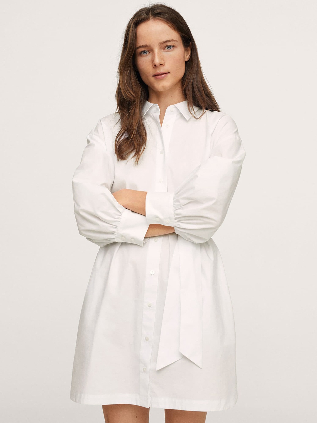 

MANGO White Solid Cotton Shirt Dress With Belt