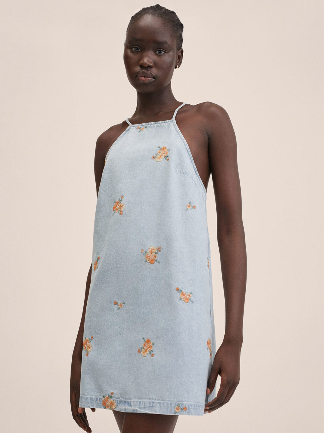 

MANGO Blue & Orange Floral Embroidered Denim Sheath Mini Dress