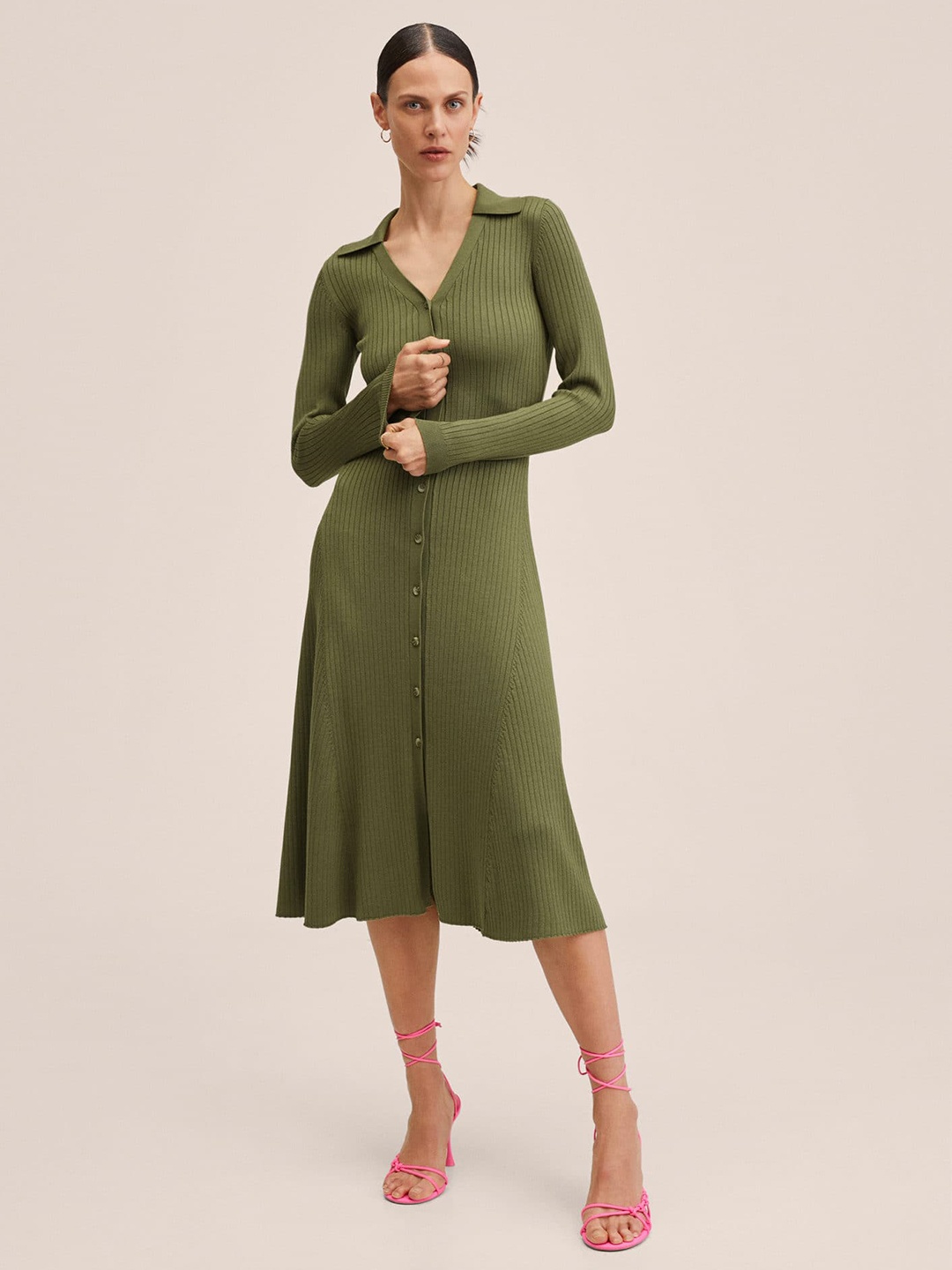 

MANGO Olive Green A-Line Midi Dress