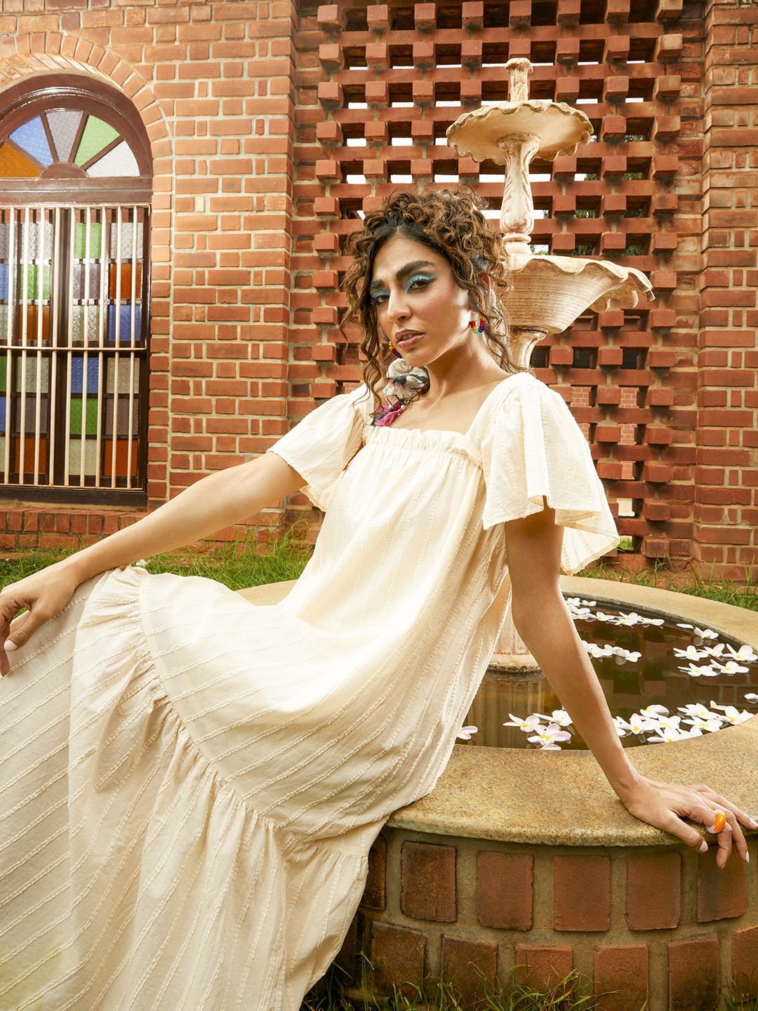 

MANGO Cream-Coloured Dobby Weave Cotton A-Line Midi Dress