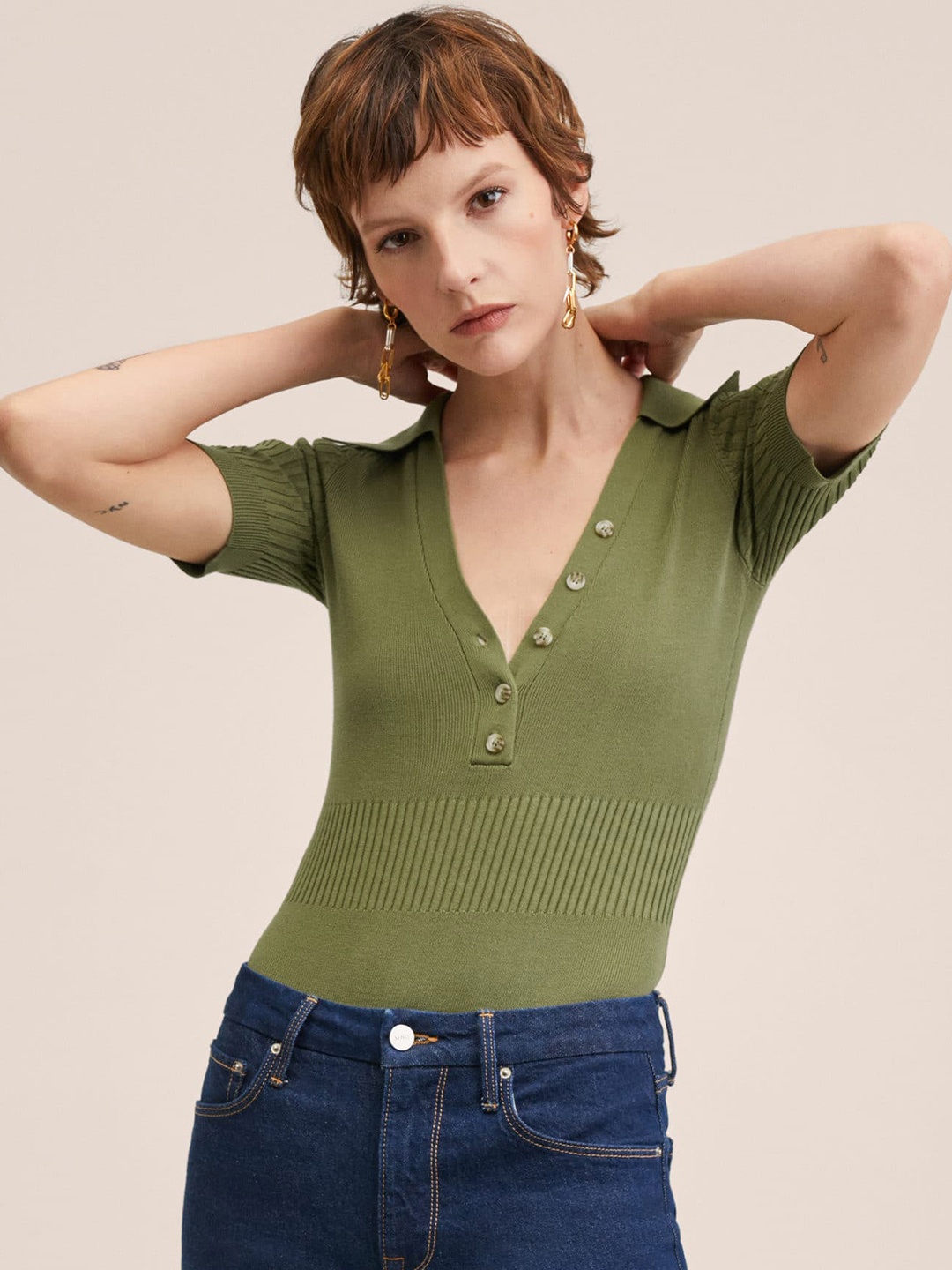 

MANGO Women Olive Green Solid Ribbed Button Closure Bodysuit