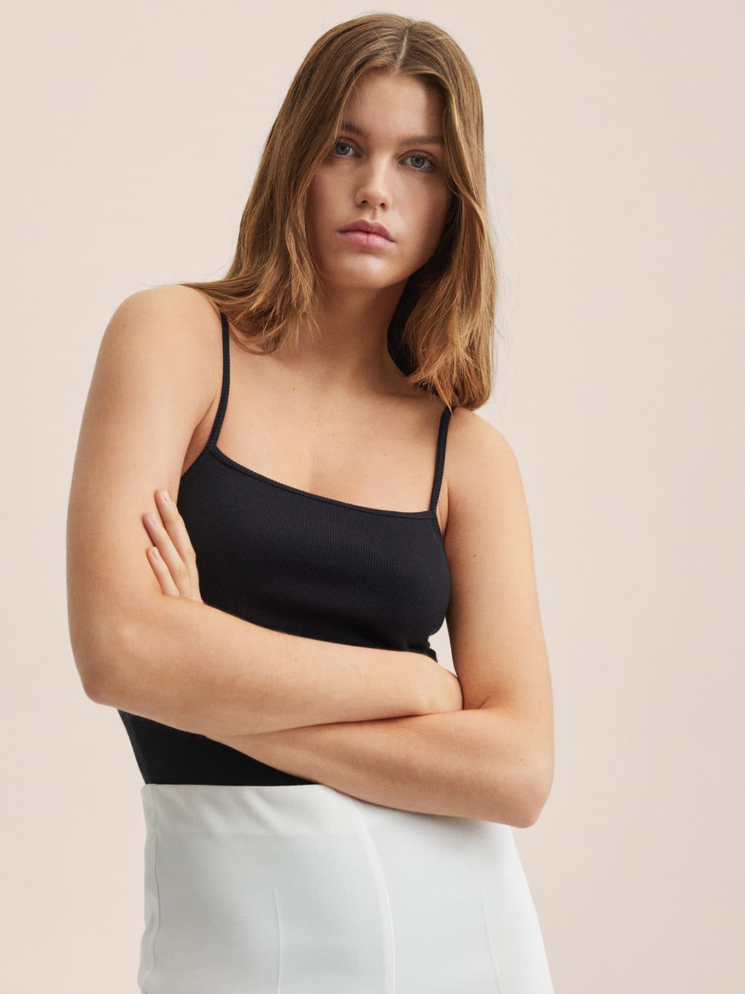 

MANGO Women Black Solid Shoulder Straps Bodysuit