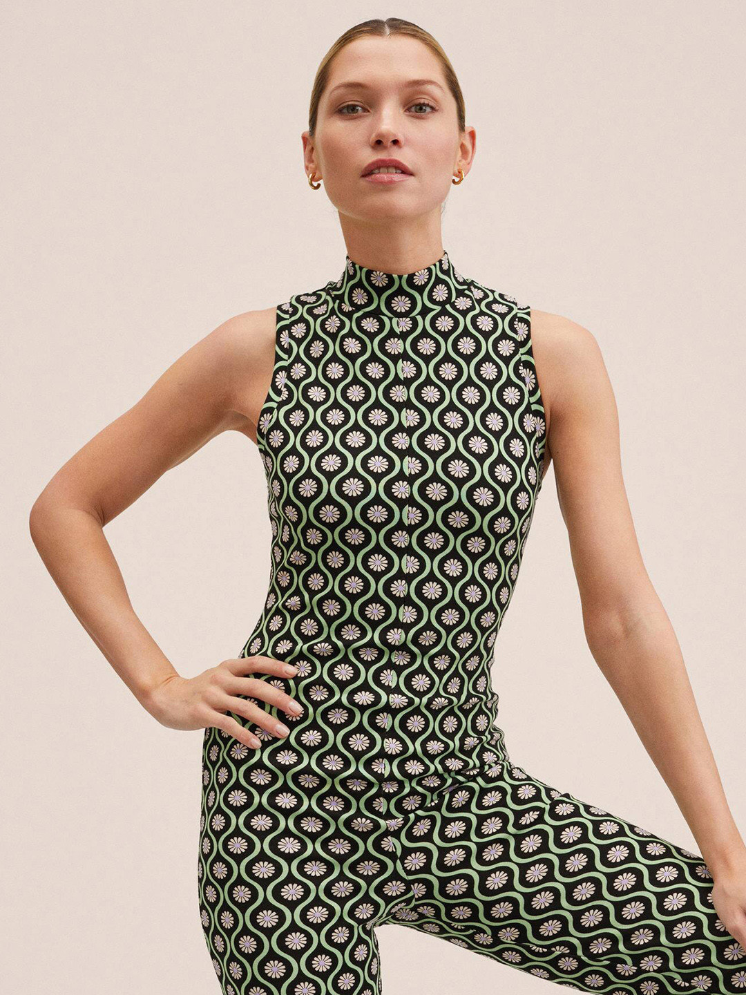 

MANGO Black & Green Printed Basic Jumpsuit