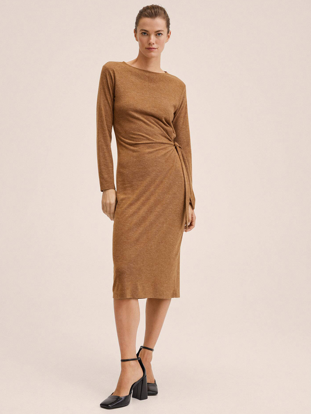 

MANGO Brown Solid Sheath Midi Dress