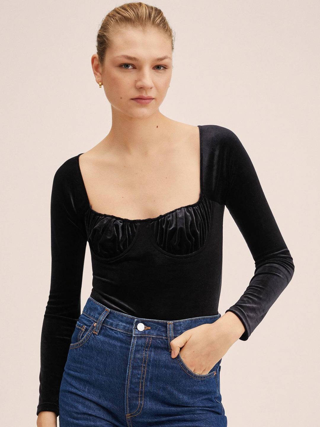 

MANGO Women Black Solid Velvet Bra Effect Bodysuit