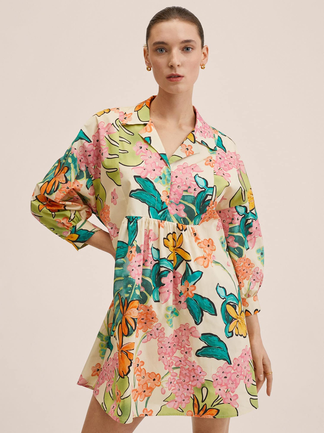

MANGO Women Beige & Teal Floral Print Shirt Collar Pure Cotton Shirt Style Dress