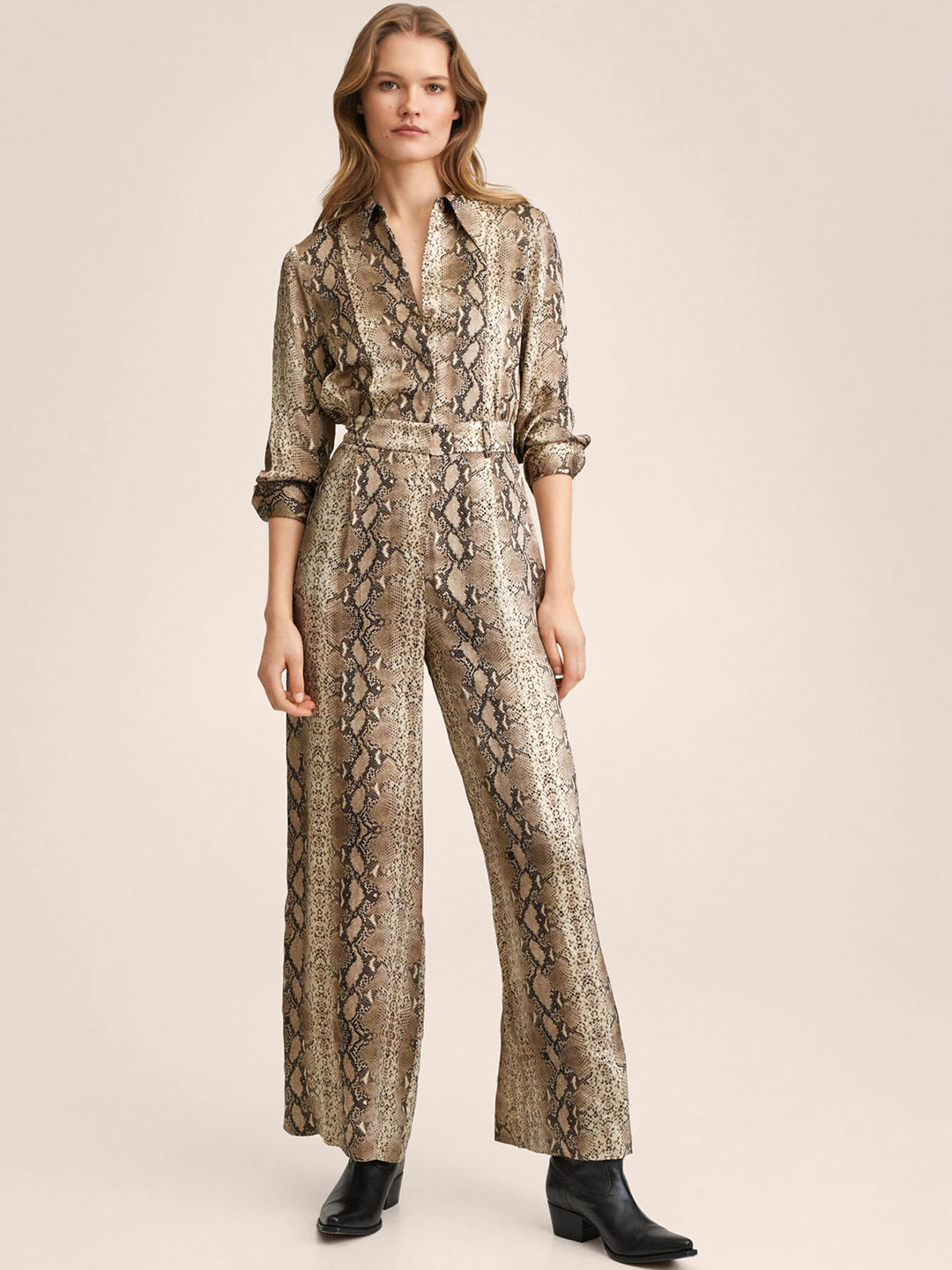 

MANGO Beige & Black Animal Print Basic Jumpsuit