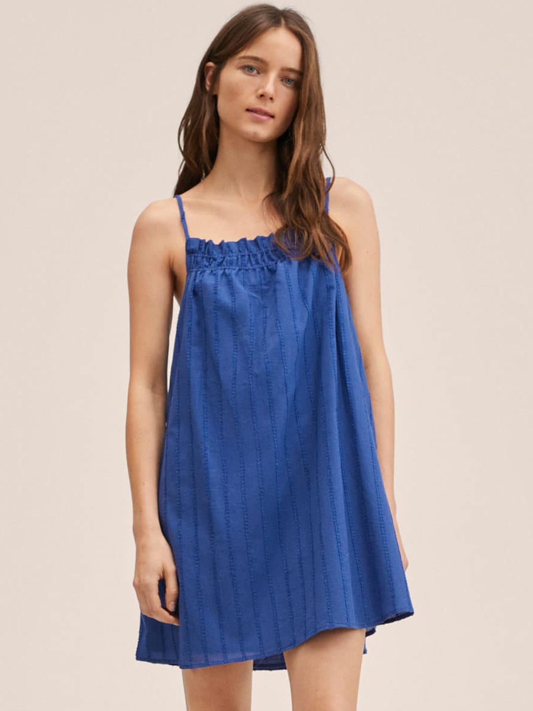 

MANGO Navy Blue Dobby Weave Cotton A-Line Dress