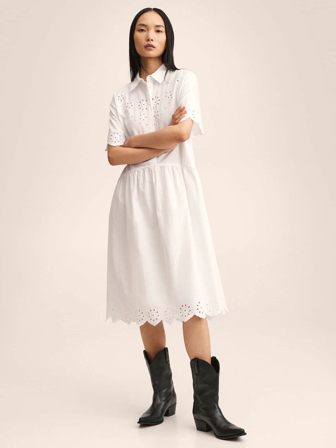 

MANGO Women White Schiffli Design Scalloped Hem Pure Cotton Midi Shirt Style Dress