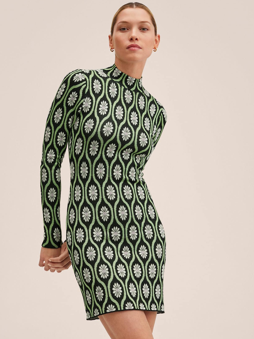 

MANGO Black & Green Floral Design Sheath Dress