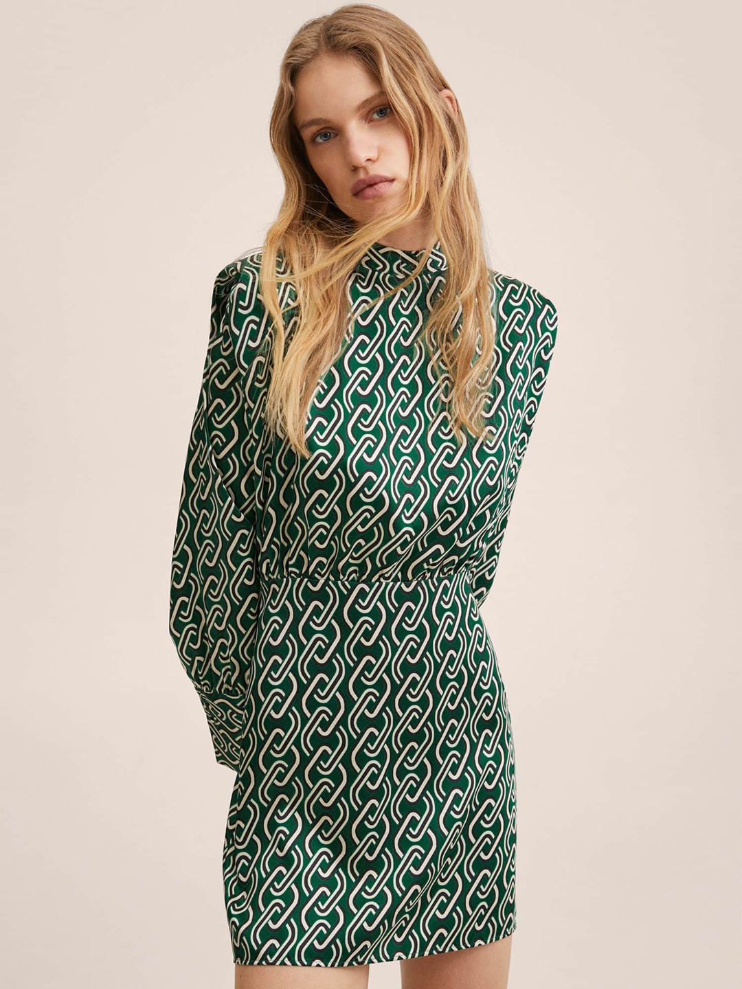 

MANGO Green & Off White Geometric Print A-Line Mini Dress