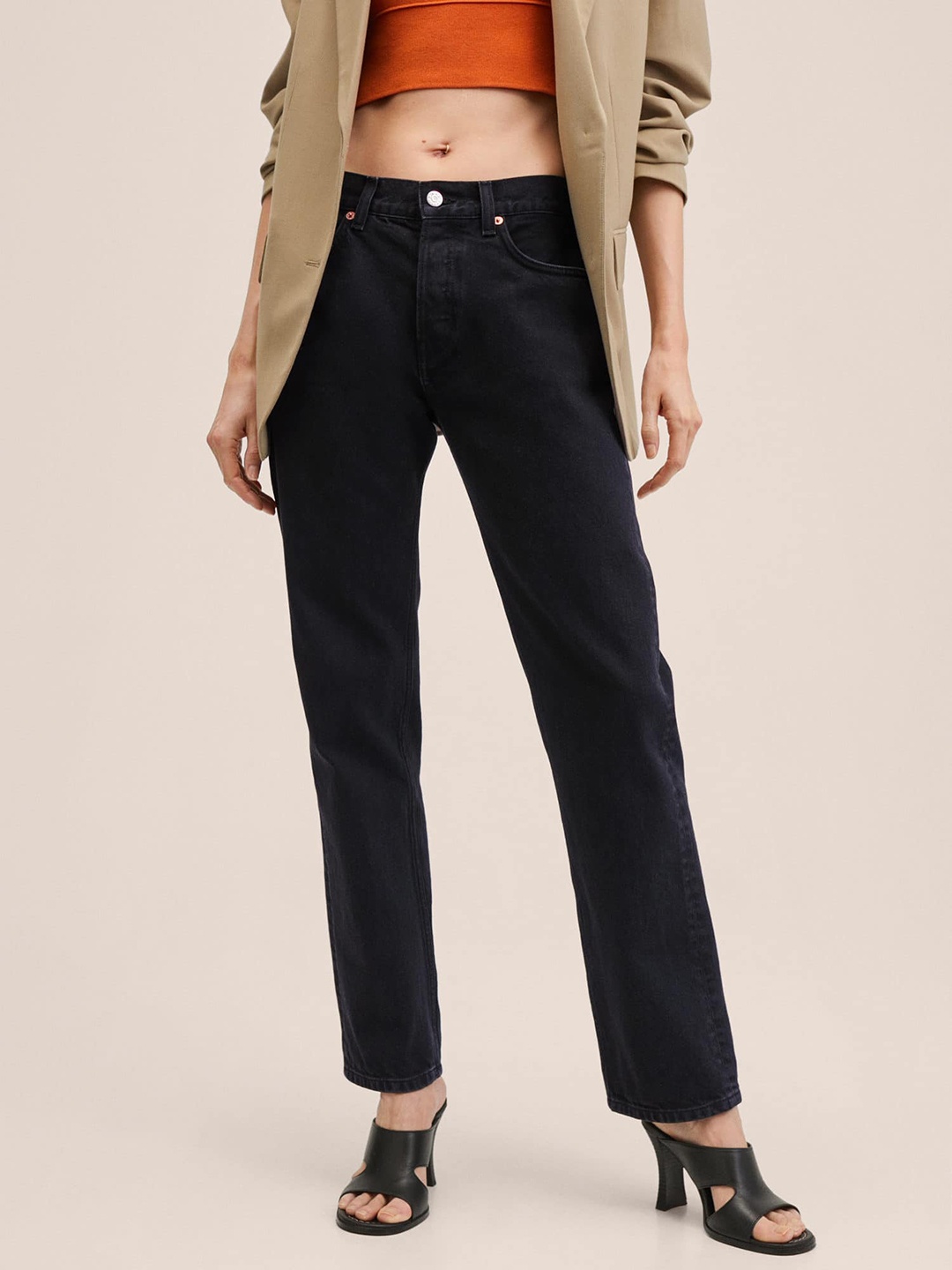 

MANGO Women Black Cotton Straight Fit Low-Rise Jeans
