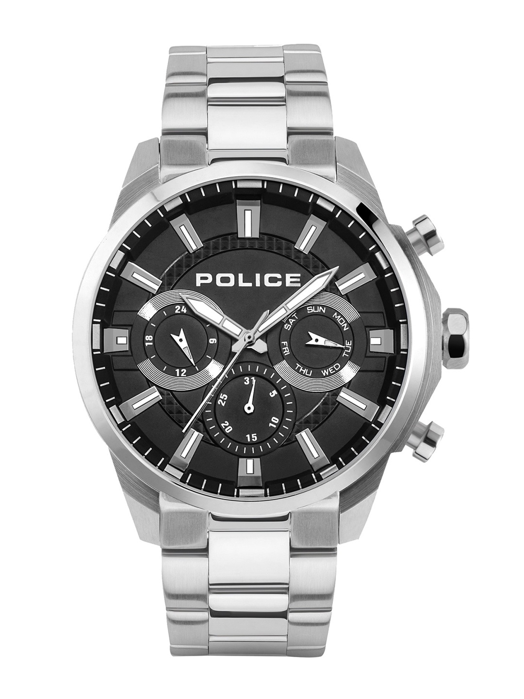 

Police Men Black Dial & Silver Toned Stainless Steel Bracelet Style Straps Analogue Watch