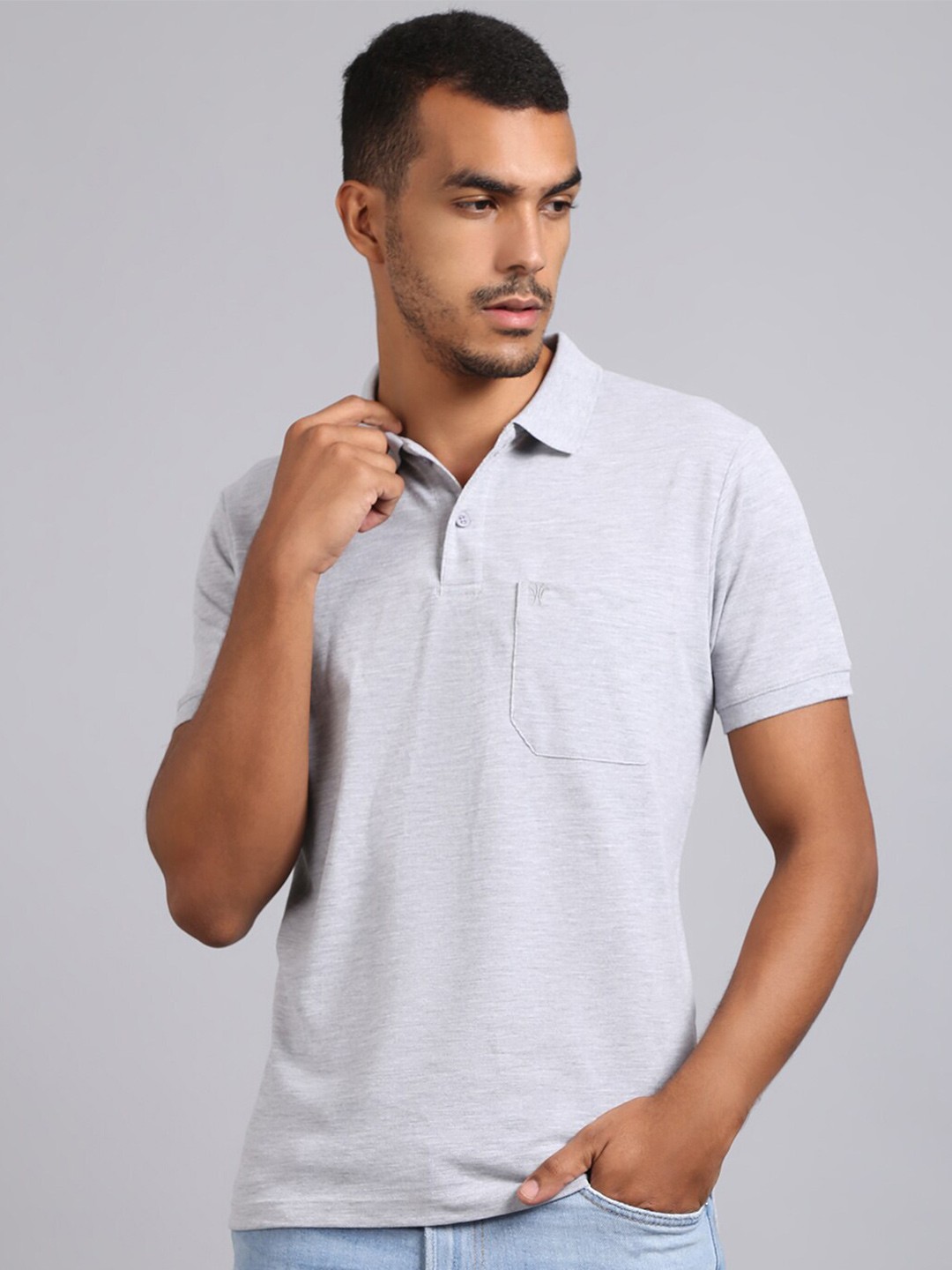 

VENITIAN Men Grey Melange Polo Collar T-shirt
