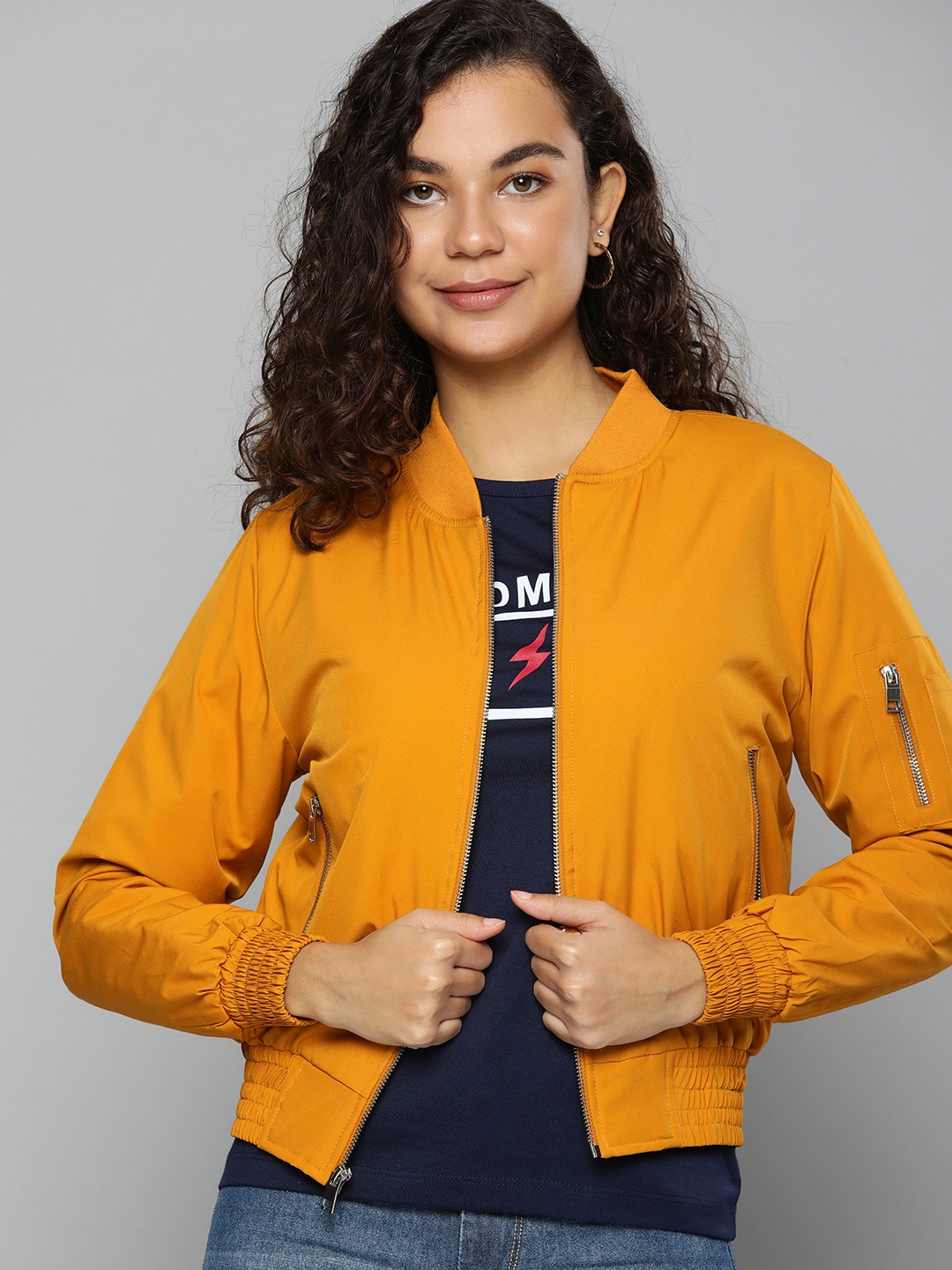 

HERE&NOW Women Mustard Solid Stand-Collar Bomber Jacket