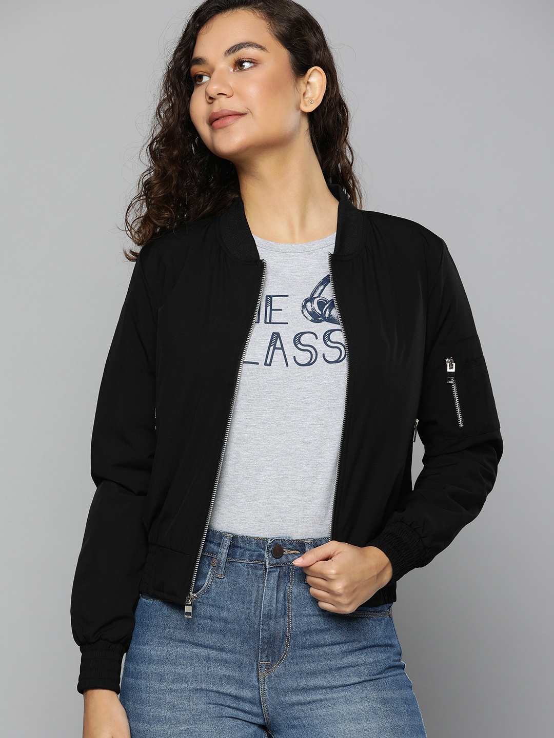 

HERE&NOW Women Black Solid Stand-Collar Bomber Jacket