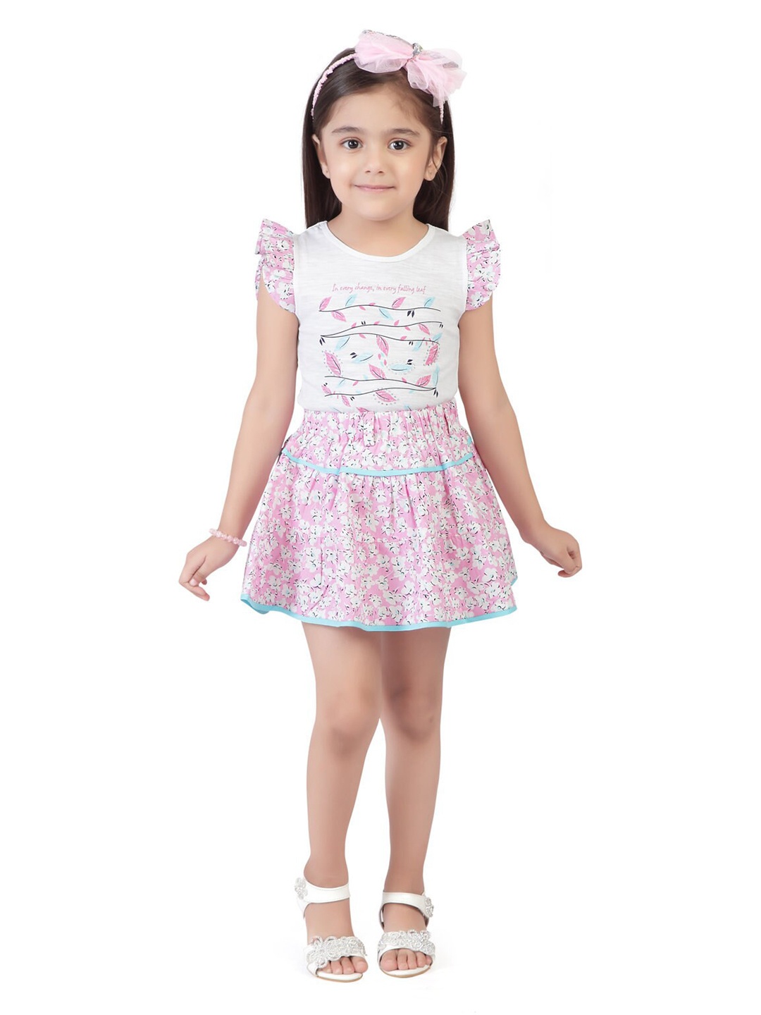 

Tiny Girl Girls White & Pink Printed Pure Cotton Top with Skirt