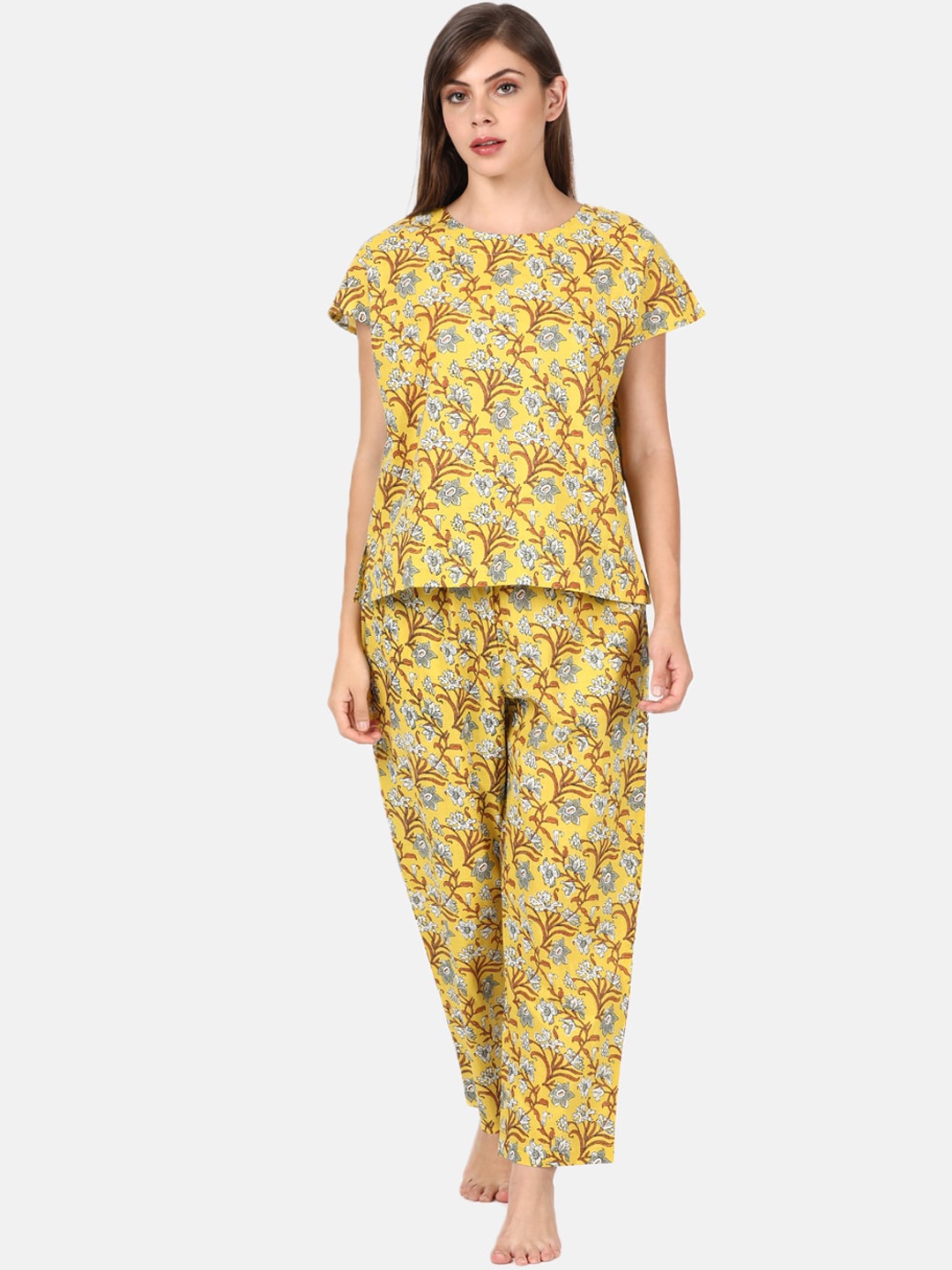 

UNTUNG Women Yellow & White Printed Night suit