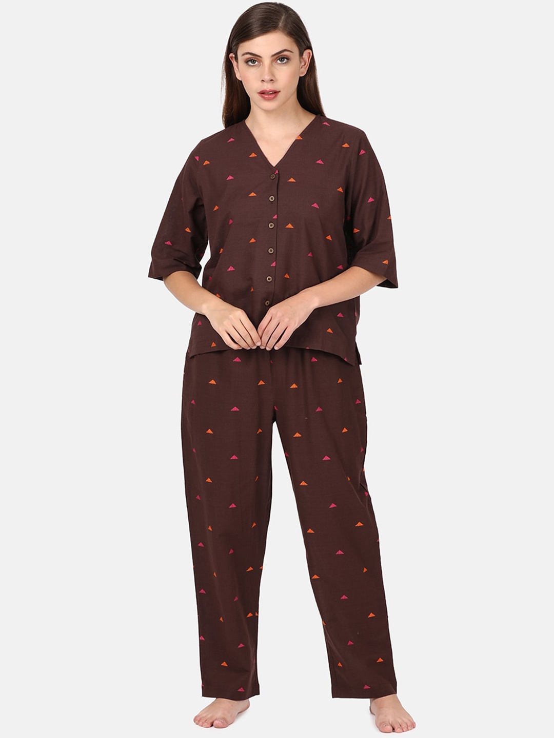 

UNTUNG Women Brown Printed Pure Cotton Night suit