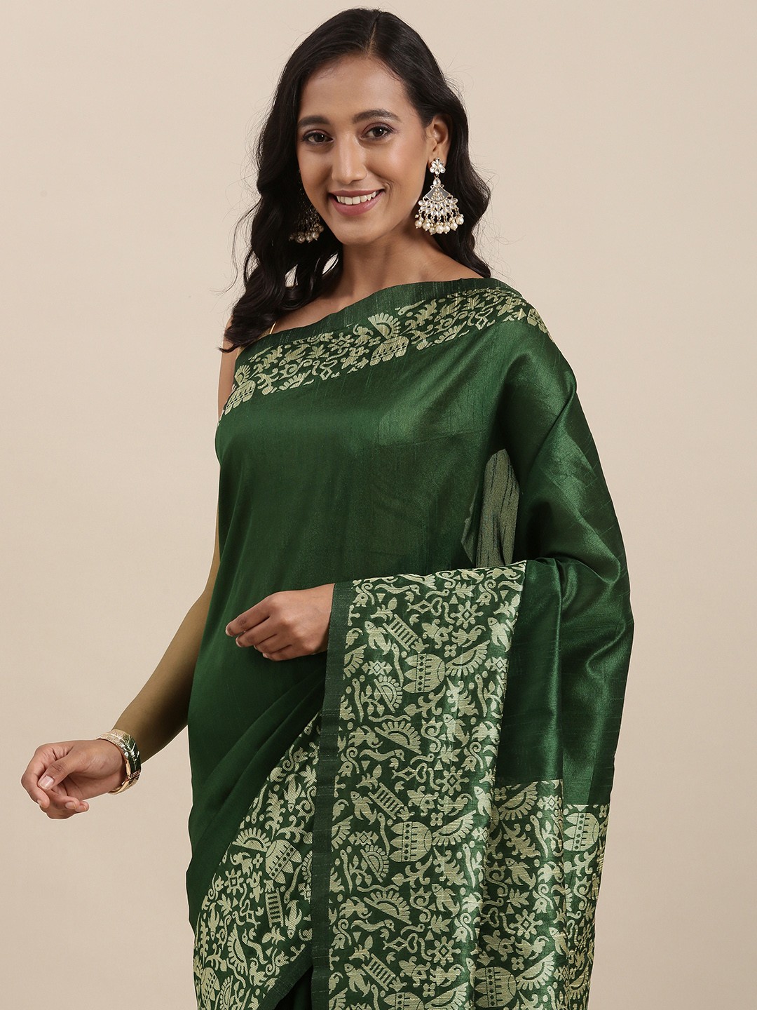 

Mitera Green Solid Handloom Saree