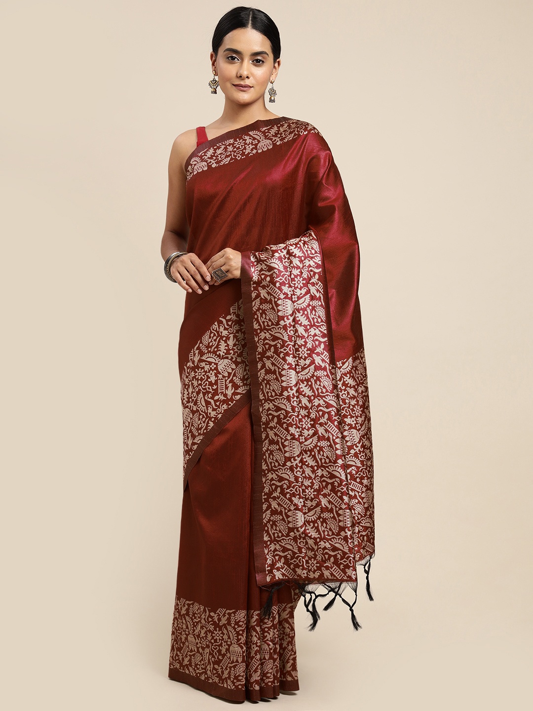 

Mitera Maroon & Off White Solid Silk Blend Celebrity Saree