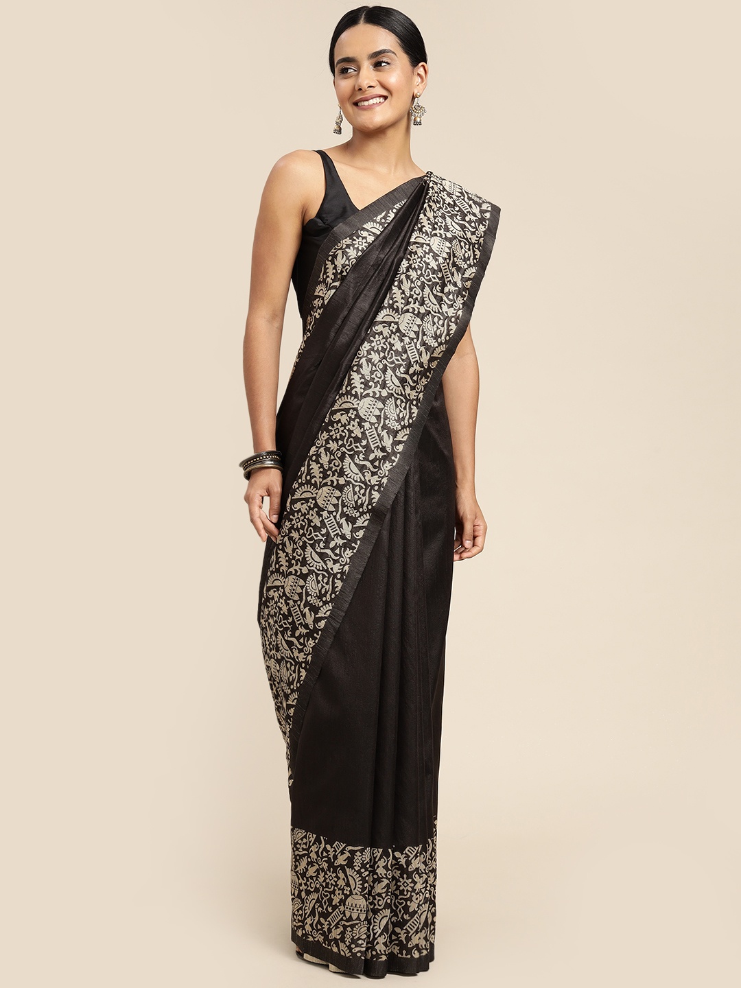 

Mitera Black & White Solid Silk Blend Celebrity Saree