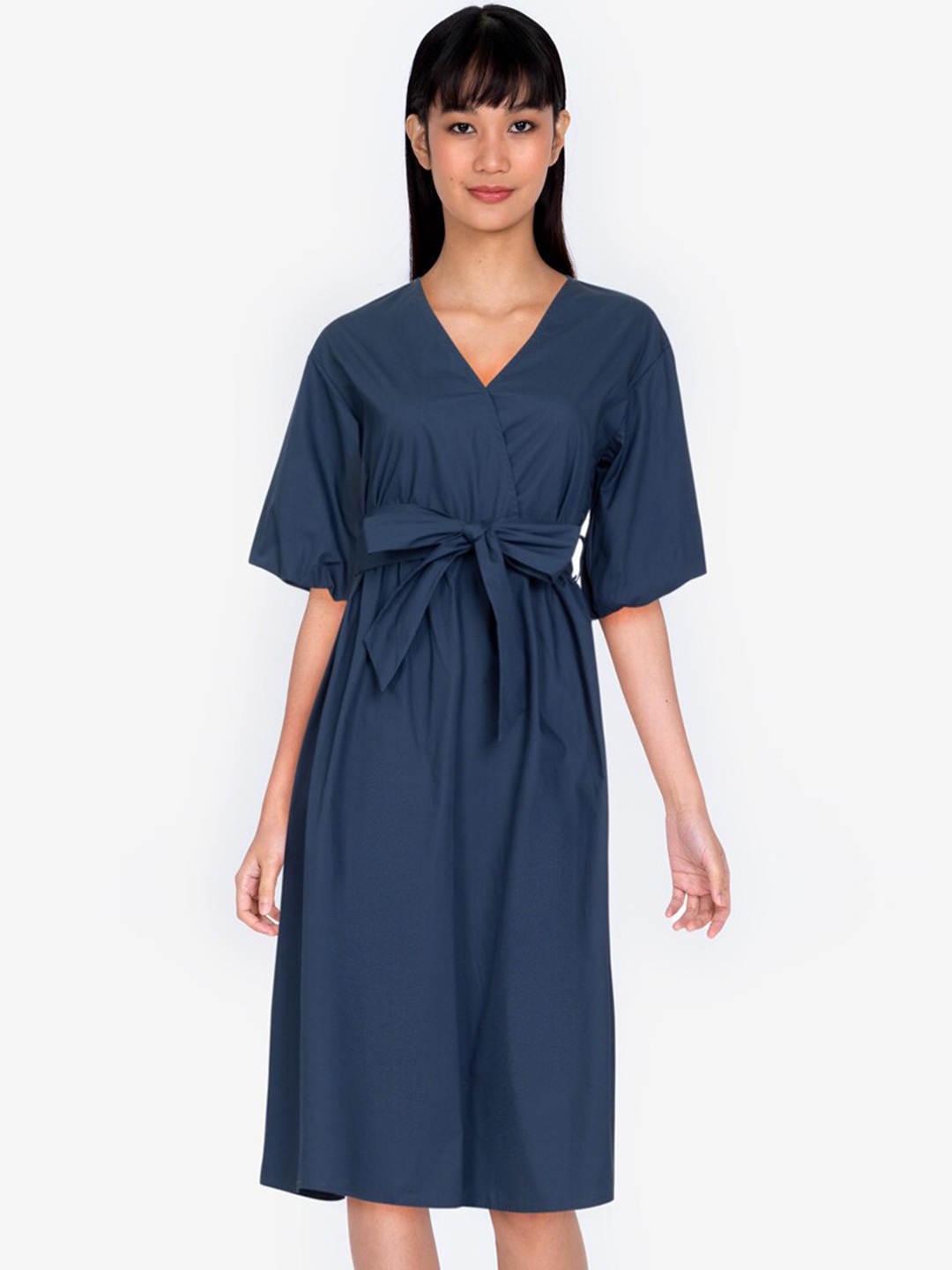 

ZALORA BASICS Navy Blue Solid Balloon Sleeves Pure Cotton Wrap Dress