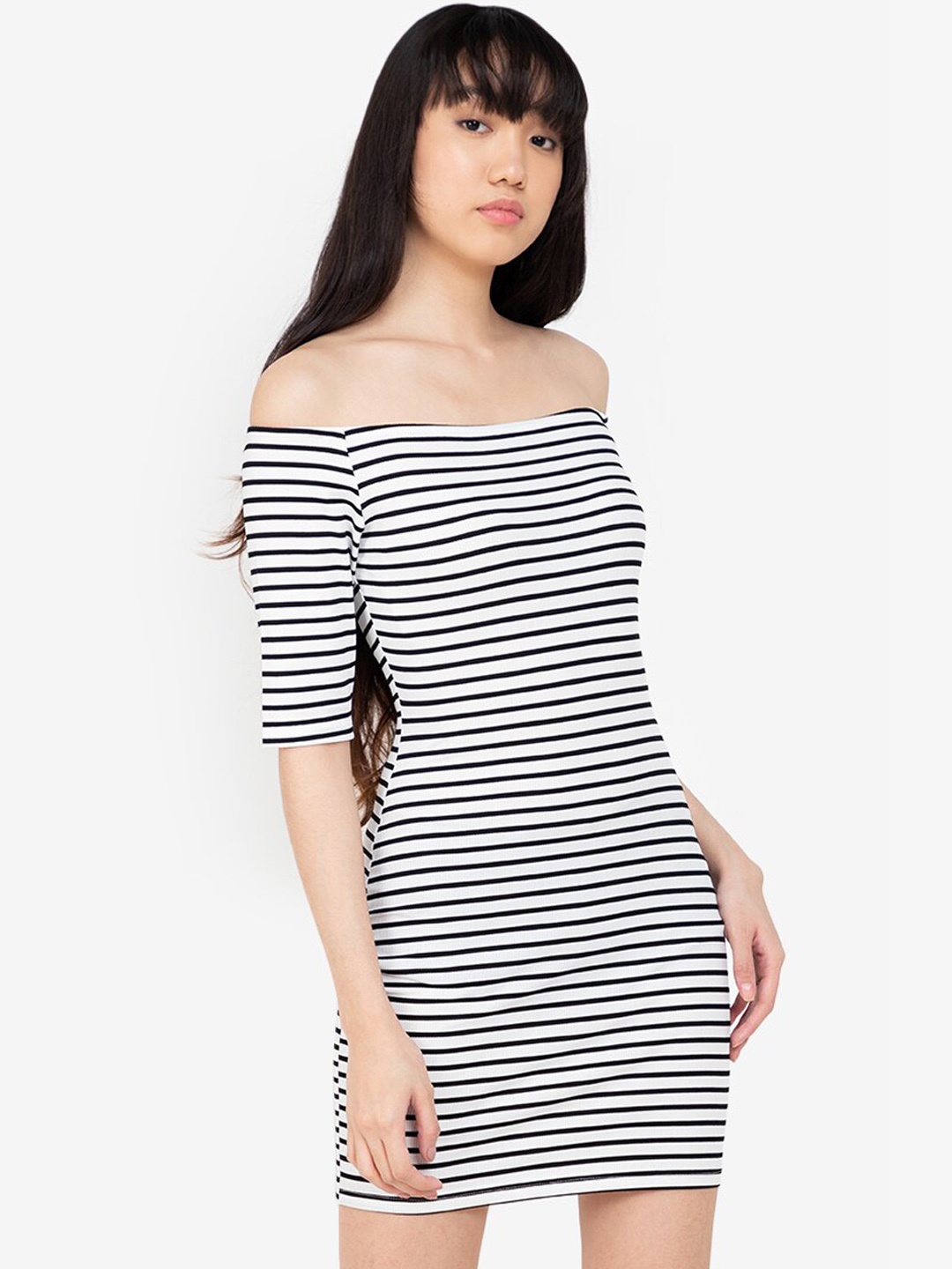 

ZALORA BASICS White & Black Striped Off-Shoulder Bodycon Mini Dress