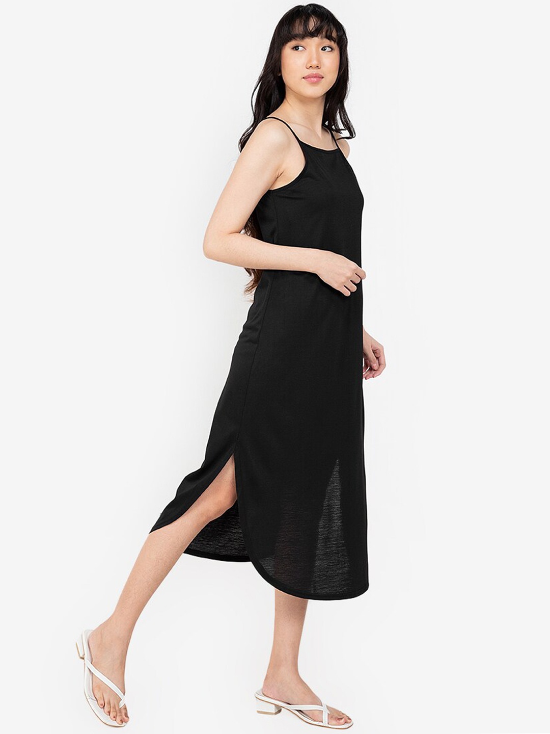 

ZALORA BASICS Black A-Line Curved Hem Midi Slip Dress