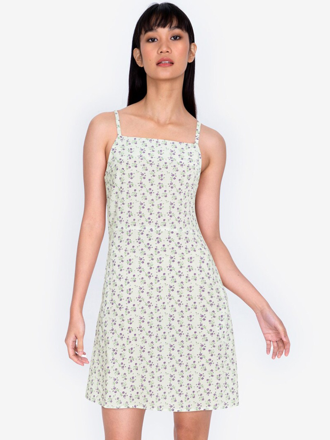 

ZALORA BASICS Off White & Purple Floral Shoulder strap A-Line Mini Dress