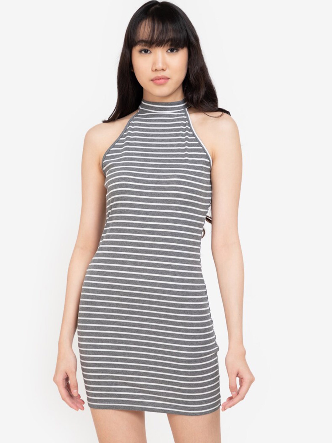 

ZALORA BASICS Grey & White Striped Bodycon Mini Dress