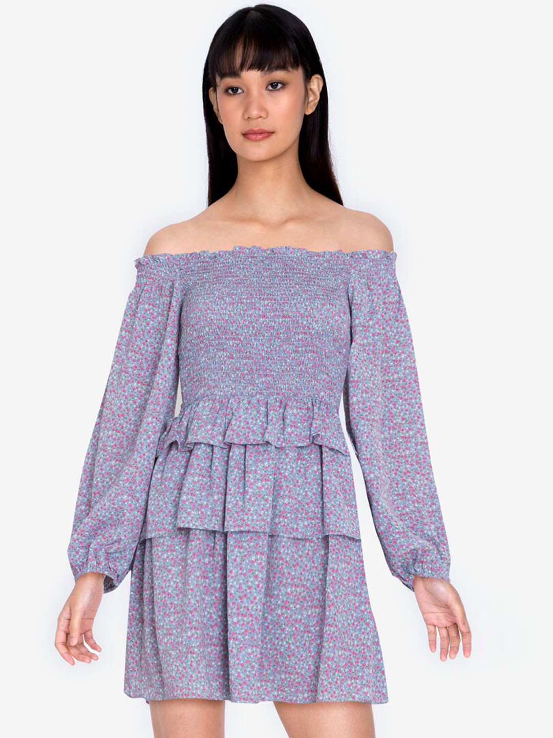 

ZALORA BASICS Blue Floral Off-Shoulder Layered Mini Dress
