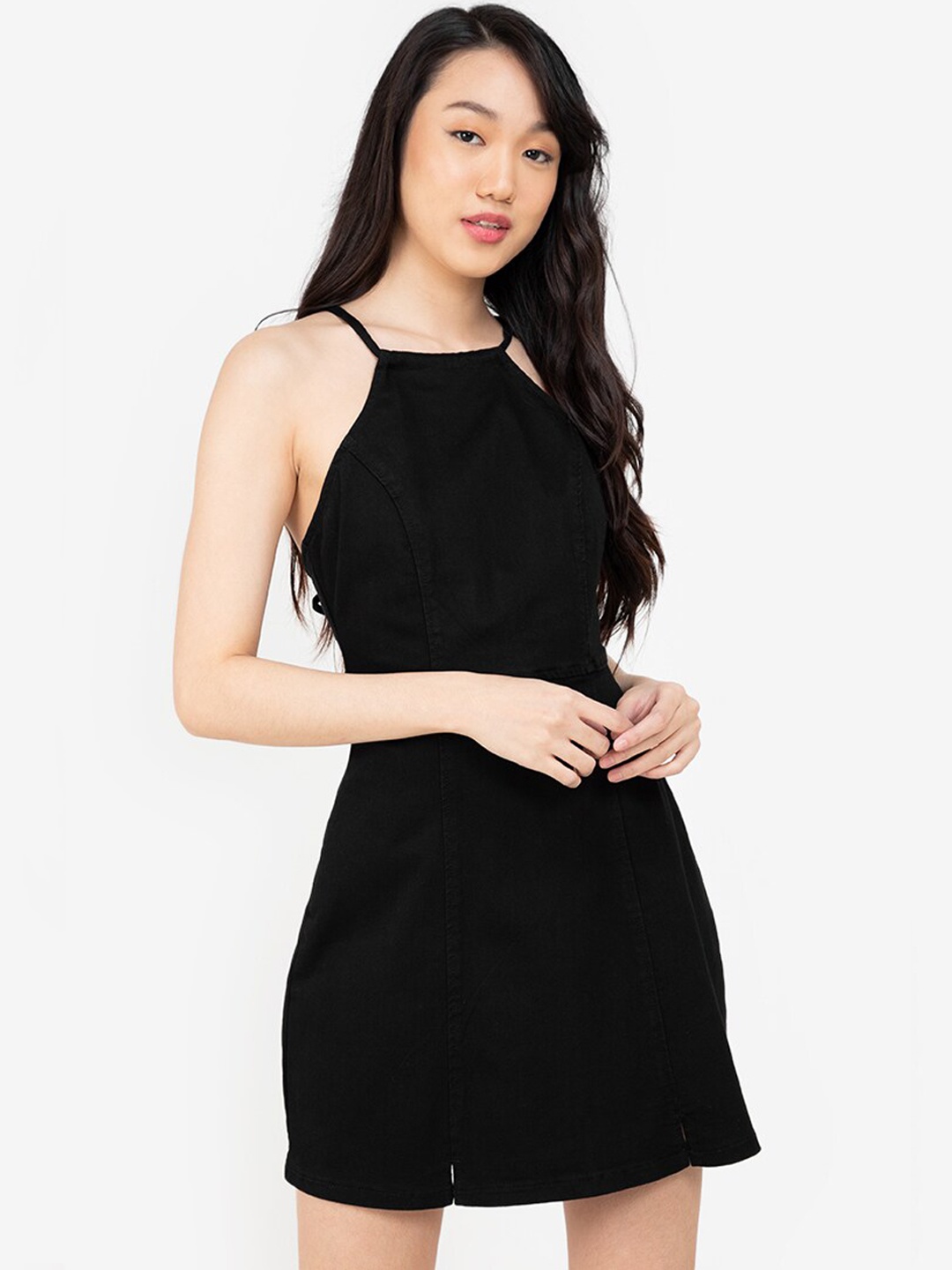 

ZALORA BASICS Black Halter Neck Denim Midi Dress