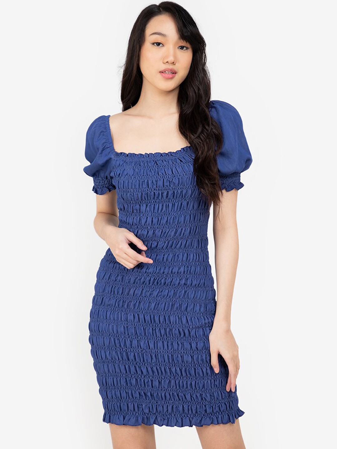 

ZALORA BASICS Blue Smocked Bodycon Dress